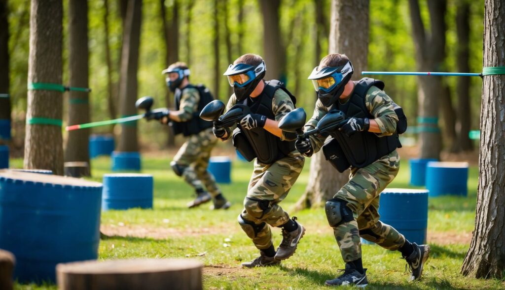 Des joueurs en tenue de camouflage et masques de protection naviguent à travers un parcours de paintball boisé, esquivant des obstacles et visant des cibles.