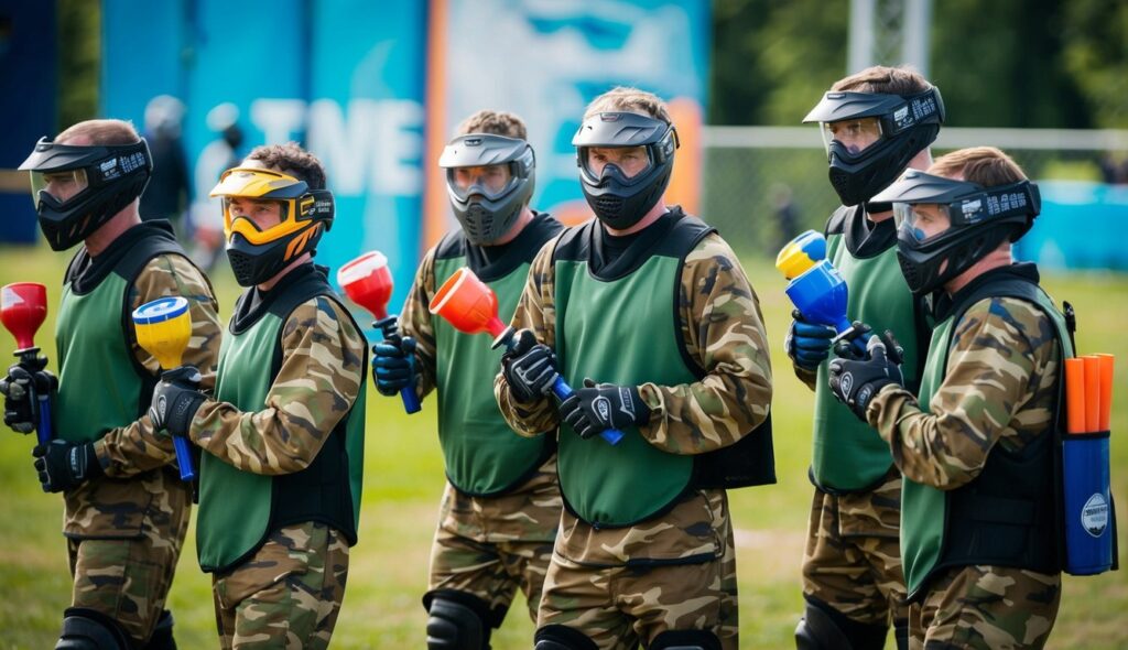 Un groupe de joueurs de paintball portant des équipements de protection et des vêtements de camouflage, portant des marqueurs et des masques faciaux, stratégiant avant un jeu.