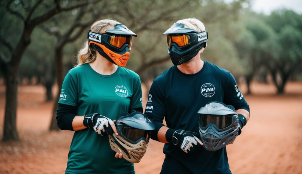 Deux couples de joueurs de paintball s'équipent dans un cadre extérieur boisé au Maroc, entourés d'une variété d'options sur une table.