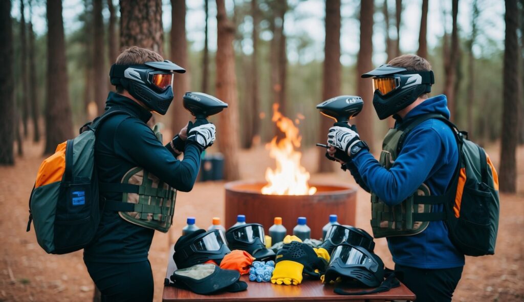 Deux couples de joueurs de paintball s'équipent dans un cadre extérieur boisé au Maroc, entourés d'une variété d'options sur une table, avec un feu en arrière-plan, tout en adaptant leur tenue à la tactique de jeu.