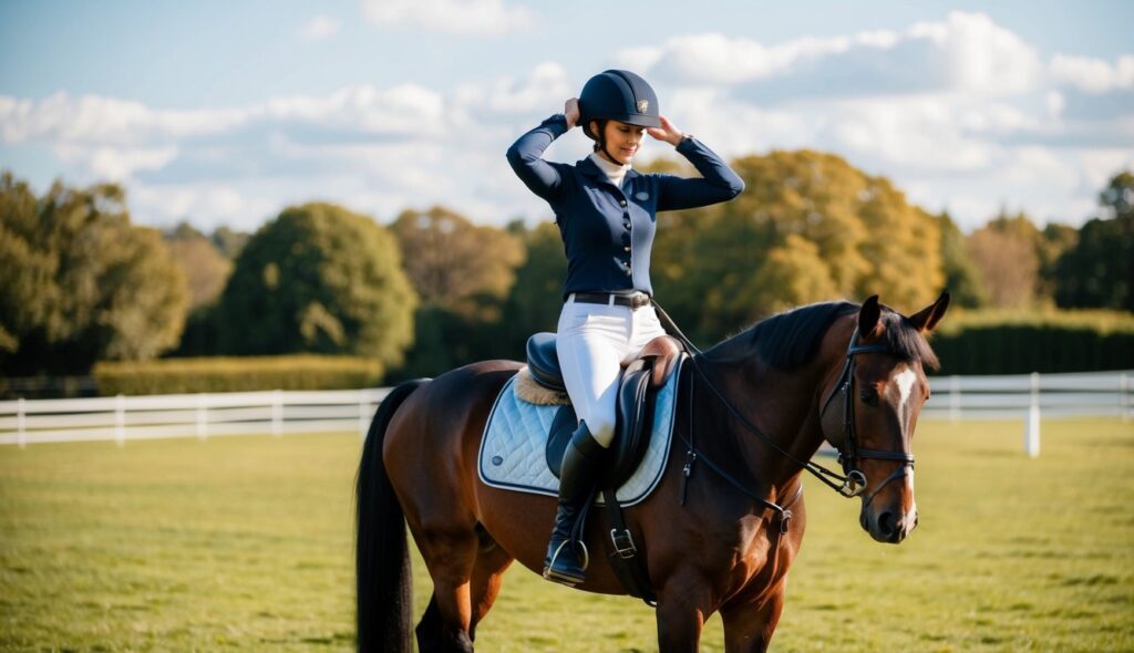 Une personne en bottes d'équitation et en culotte ajuste un casque avant de monter un cheval sellé dans un paddock ensoleillé et herbeux.