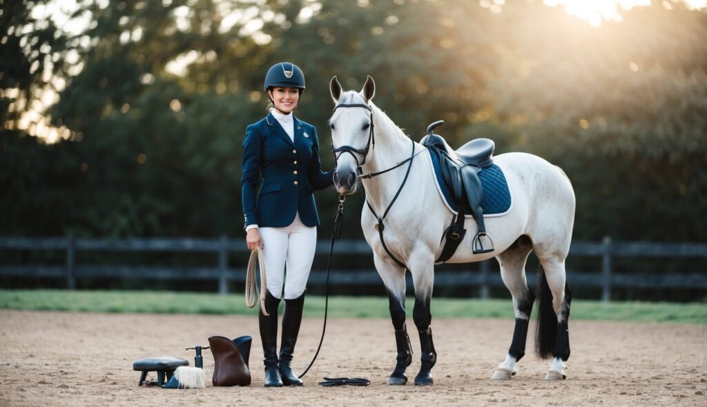 Un cavalier se tient à côté d'une selle, portant un casque, des bottes et un pantalon d'équitation, avec une cravache et des outils de toilettage à proximité.