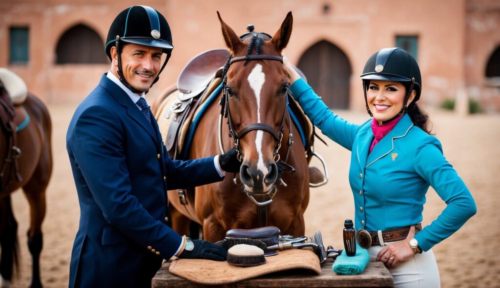 Un cavalier marocain et sa femme se tiennent près de leur cheval, à côté d'une selle vintage et d'outils de toilettage, vêtus d'équipements d'équitation.